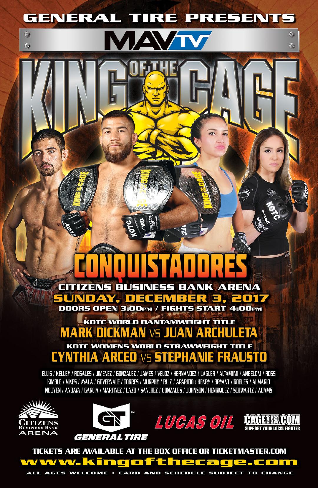 King of the Cage Announces Main Fight Card for Citizens Business Bank Arena on December 3 for “CONQUISTADORS”