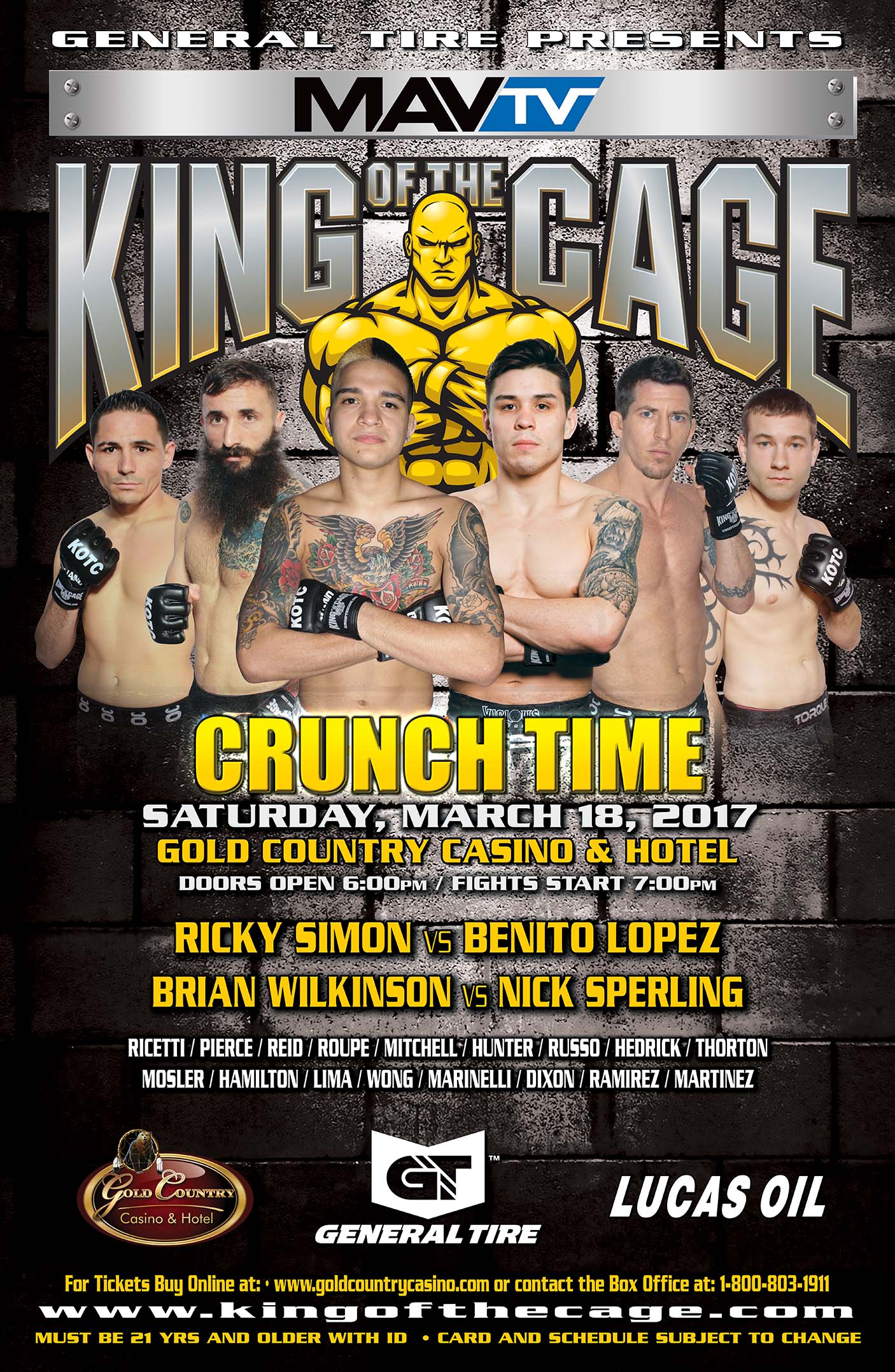 King of the Cage Returns to the Gold Country Casino & Hotel on March 18 for “CRUNCH TIME”