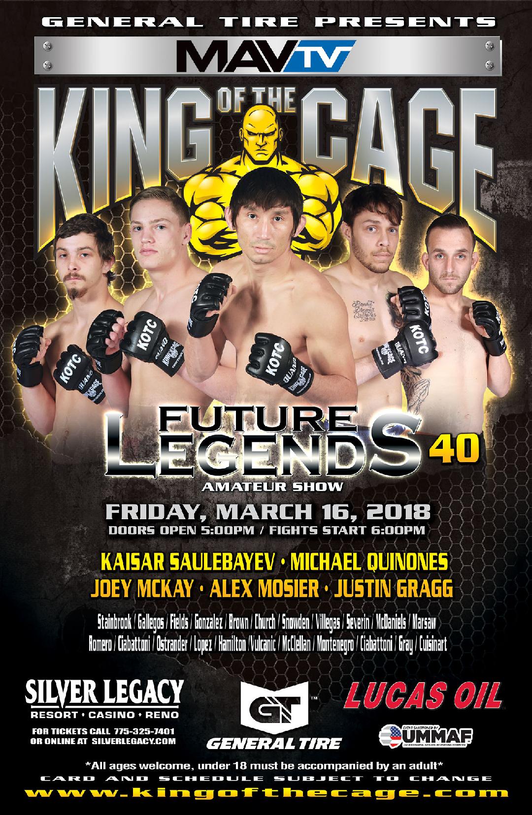 King of the Cage Announces Fighters to Headline at Silver Legacy Resort Casino Reno on March 16 for “FUTURE LEGENDS 40”