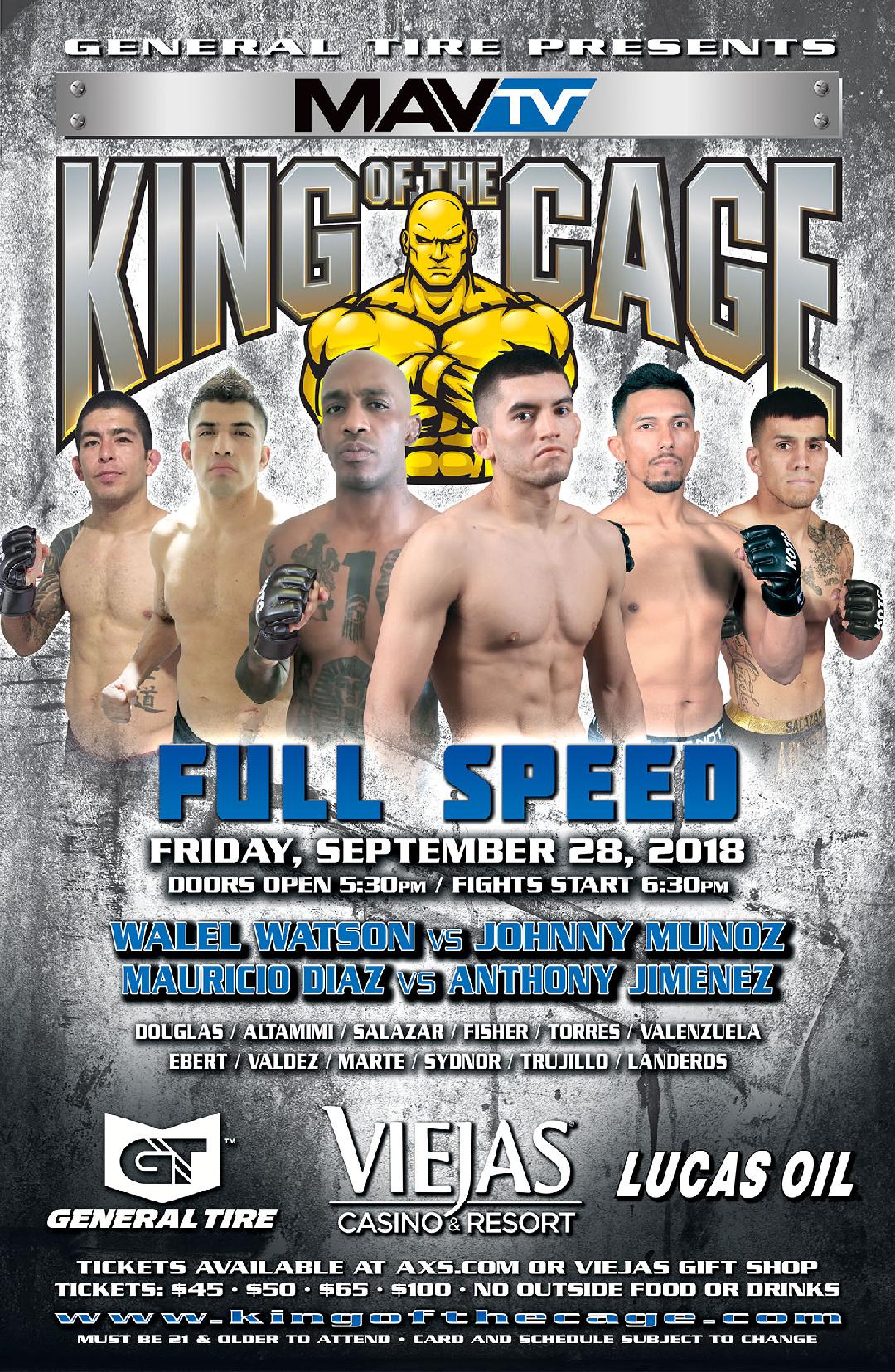 King of the Cage Returns to Viejas Casino & Resort on September 28 for “FULL SPEED”