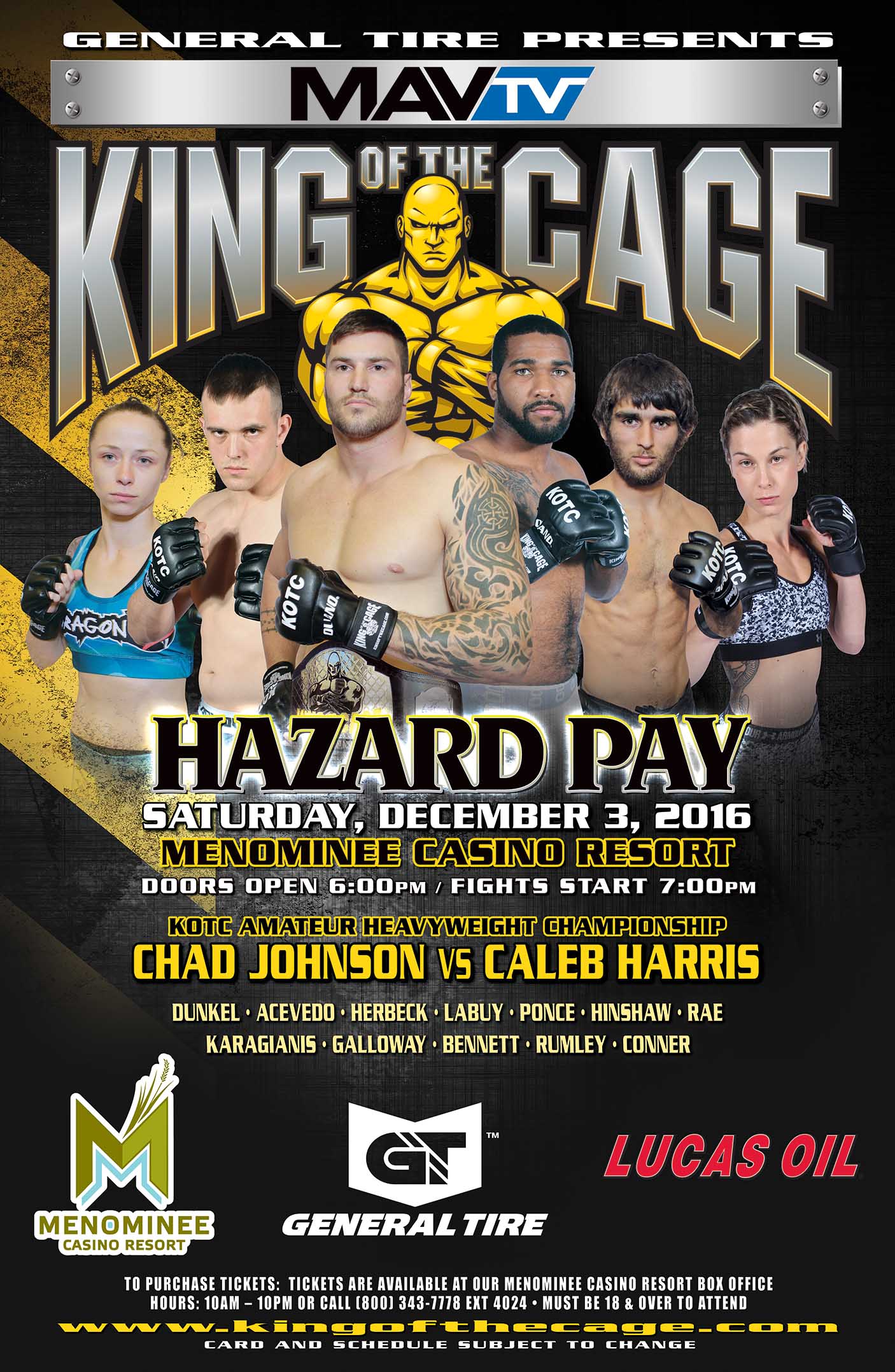 King of the Cage Returns to Menominee Casino Resort on December 3 for “HAZARD PAY”