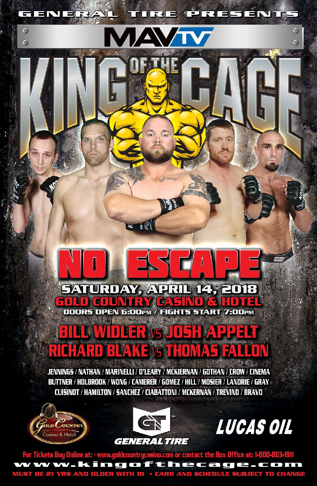 King of the Cage Announces Main Fight Card for Gold Country Casino & Hotel on April 14 for “NO ESCAPE”
