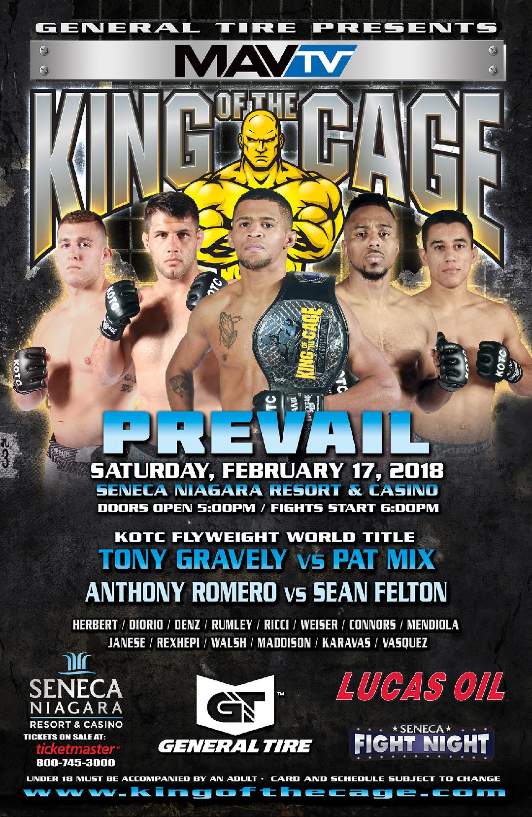 King of the Cage Announces Main Fight Card for Seneca Niagara Resort & Casino on February 17 for “PREVAIL”