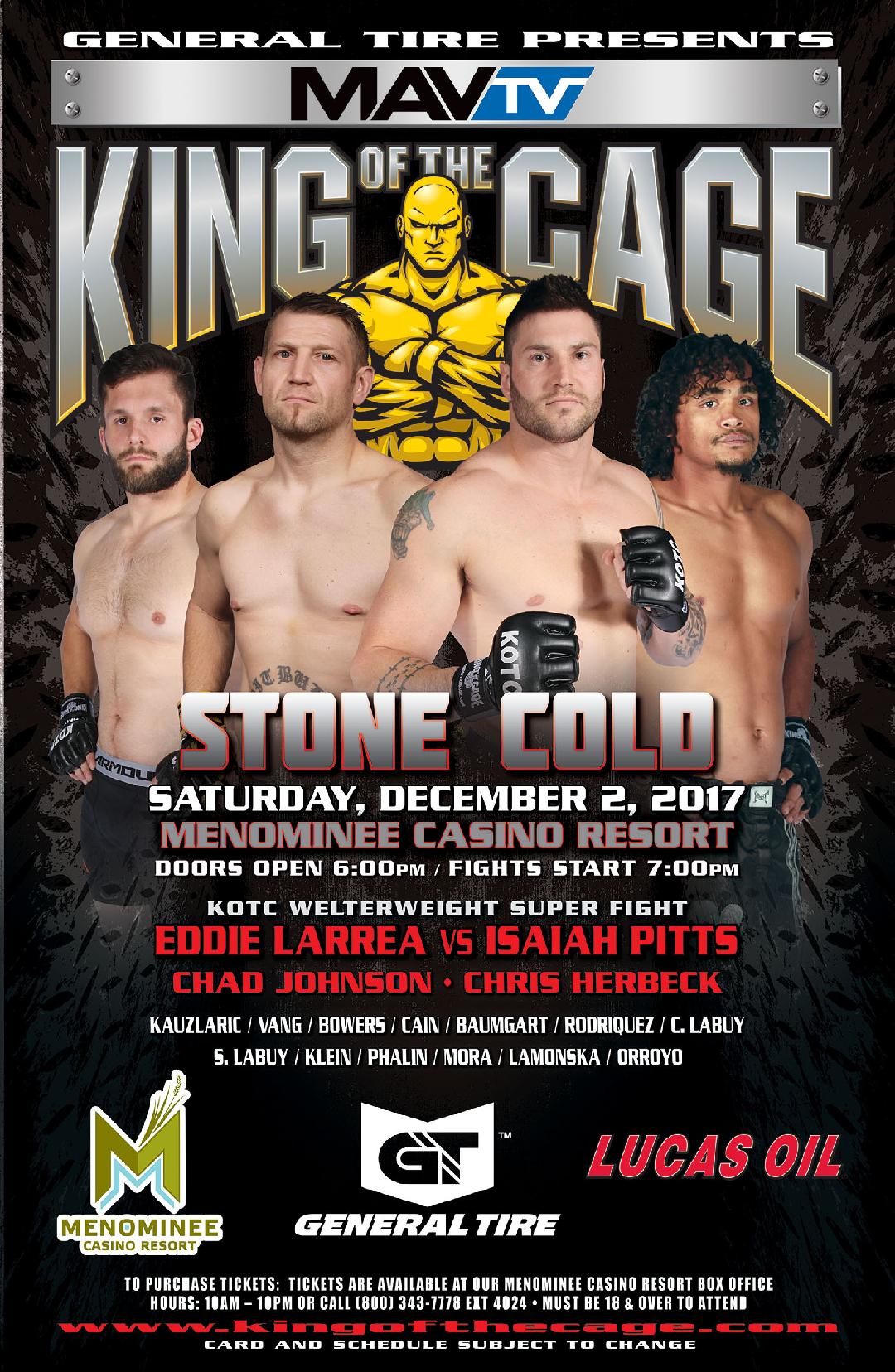 King of the Cage Announces Main Event for Menominee Casino on December 2 for “STONE COLD”