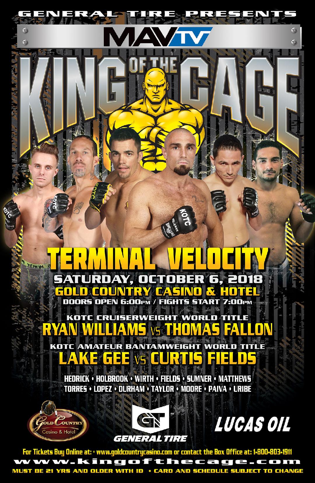 King of the Cage Announces Main Fight Card for Gold Country Casino & Hotel October 6 “TERMINAL VELOCITY”